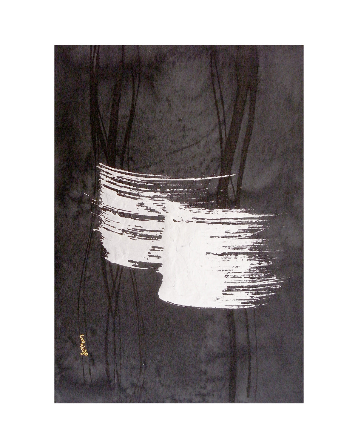 Original art work from the under the moonlight series of Sachiyo Kaneko, poet of the magical ink, shoka, Japanese calligrapher. sumi ink, silver and pure gold on paper.