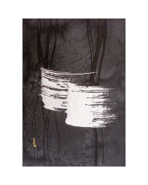 Original art work from the under the moonlight series of Sachiyo Kaneko, poet of the magical ink, shoka, Japanese calligrapher. sumi ink, silver and pure gold on paper.