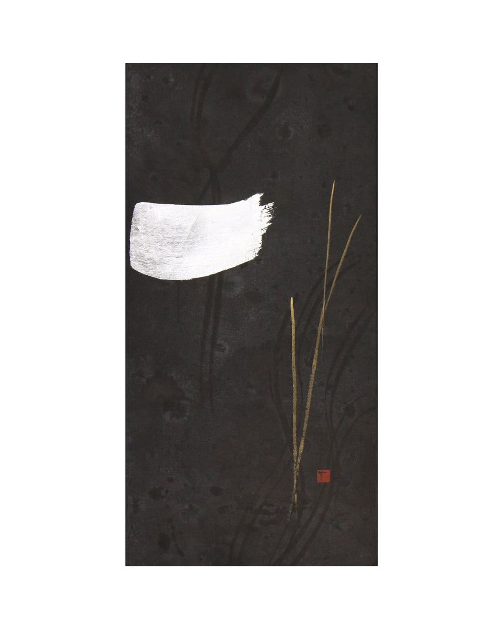 Original art work from the under the moonlight series of Sachiyo Kaneko, poet of the magical ink, shoka, Japanese calligrapher. sumi ink, silver and pure gold on paper.