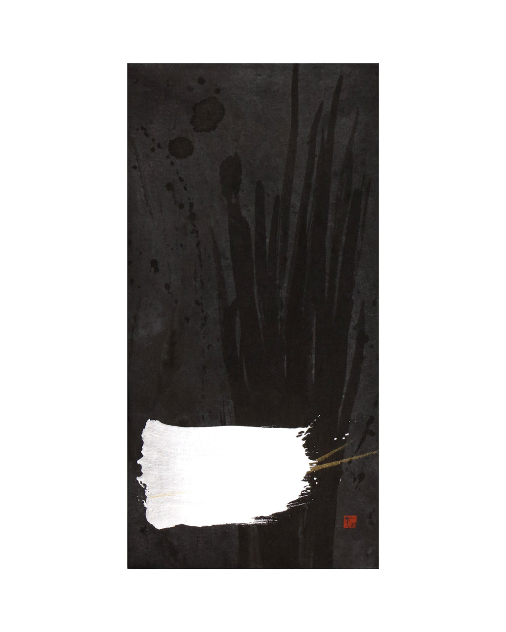 Original art work from the under the moonlight series of Sachiyo Kaneko, poet of the magical ink, shoka, Japanese calligrapher. sumi ink, silver and pure gold on paper.