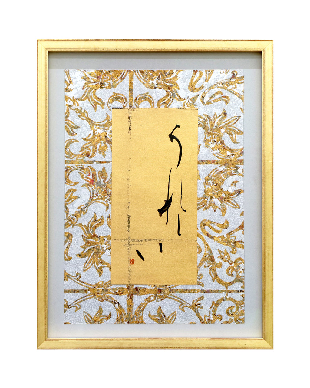 Original art work.
Traditional sumi ink on gold leaves on decorated washi, Japanese traditional paper.

Contemporary style of SHO, Japanese calligraphy.